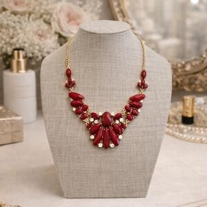 Elegant Red Statement Necklace w/ Faceted Faux Stones - Pre-loved (16"-19")